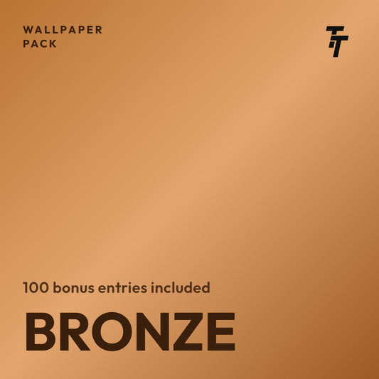 Bronze wallpaper pack tile: copper metallic card with the TT mark, 100 bonus entries included