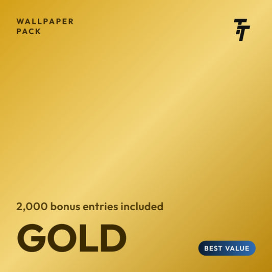 Gold wallpaper pack tile: gold metallic card with the TT mark and a Best Value badge, 2,000 bonus entries included